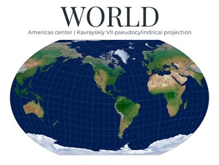 World Map, Kavrayskiy VII pseudocylindrical projection. This low-distortion compromise provides general-purpose mapping. The Americas center coordinates are 10 latitude and -90 longitude. © Eugene Ga