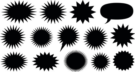Starburst Price Tag and Comic Speech Bubble Silhouette Icon Set with Exploding Burst Shapes and Jagged Sticker Symbols for Promotion Sale Vector Designs © mstSultanaAkter