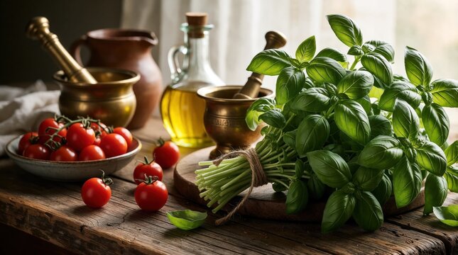 Fresh basil bunch sits beside cherry tomatoes olive oil and mortar pestle on rustic wood table. Ingredients for cooking pesto sauce or salad dressing prepared with fresh herbs.