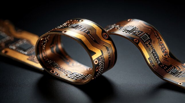 Flexible circuit board curls against dark background. Copper traces and microchips form intricate patterns. Modern tech element for innovation and digital industry concepts.