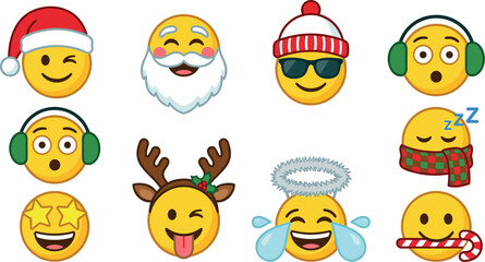 Naklejka premium Christmas and Winter Theme Emoji Character Vector Icon Set with Santa Hat, Reindeer Antlers, Ear Muffs, and Festive Holiday Season Expressions