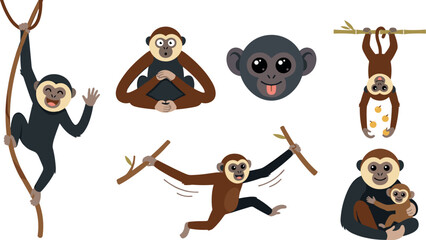 Cute Gibbon Monkey Cartoon Character Pose Set Featuring Primate Climbing Liana, Brachiating on Branches, Hanging Upside Down, Juggling Fruits, and Mother with Baby