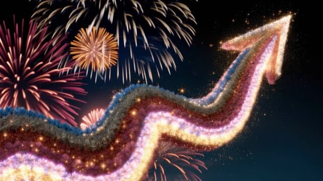 A vibrant upward arrow, adorned with sparkling particles and surrounded by a colorful fireworks display, symbolizes progress and celebration. ..Created with Generative AI, not depicting real subjects.