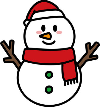 Cute Christmas snowman wearing Santa hat and red scarf vector illustration