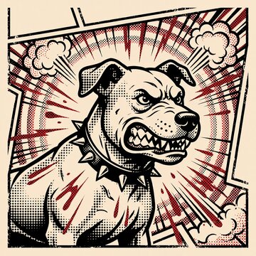 Aggressive pitbull snarl in comic style with high contrast halftone dots