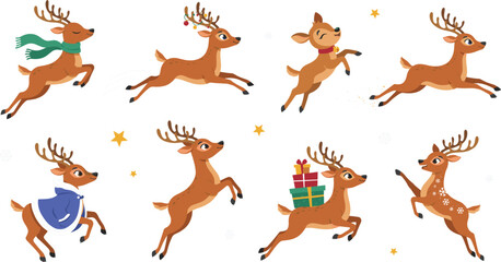 Obraz premium Cute Christmas Reindeer Vector Character Set Featuring Santa Flying Team Running, Leaping, Wearing Warm Winter Clothes, and Carrying Holiday Gift Boxes for Festive Designs