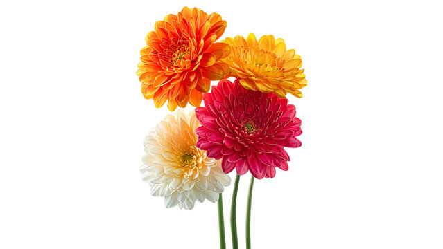 Three bright yellow gerbera daisy flowers with long stems isolated on transparent background cutouts