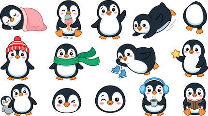 Cute Penguin Cartoon Character Pose Set Featuring Winter Costumes, Sleeping under Blanket, Eating Ice Cream, Reading, and Holding Ice Skates for Kids Designs