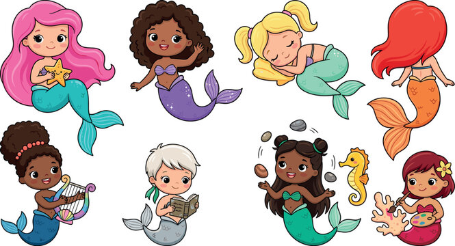 Cute Little Mermaid Cartoon Character Pose Set Featuring Mythical Sea Girls Holding Starfish, Playing Harp, Reading Book, Sleeping, and Juggling Stones