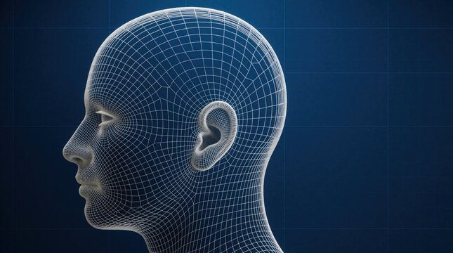 Digital wireframe human head profile shows intricate detail and structure. A futuristic mesh model, suggesting AI, science, or medical concepts on a dark blue grid.