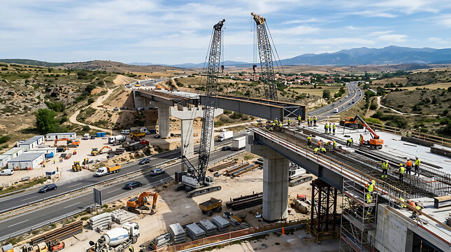 Large bridge construction site with heavy machinery and workers.
