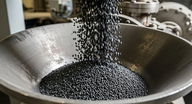 Black rubber pellets being poured into an industrial metal container, close up