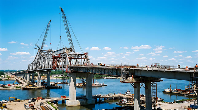 Large bridge construction over water with cranes.
