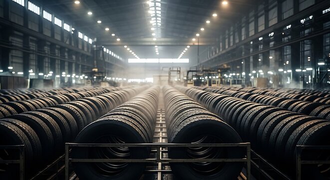 Massive Industrial Warehouse Filled With Rows of Black Rubber Tires During Production