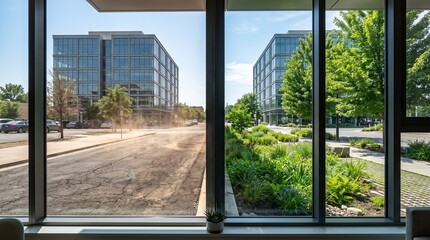 Fototapeta premium View from office window showing modern corporate buildings, street landscape, and lush greenery outside