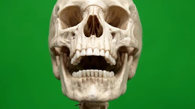Realistic Human Skull Talking and Moving Jaw on Green Screen. 4K Video