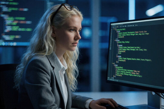 Young blonde female software engineer works on computer code at night. Focused woman programmer types on keyboard in modern dark office. Developer studies data, writes software script on large