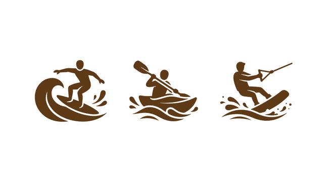 Water sports activity icons set featuring surfing kayaking and wakeboarding kayaking wakeboarding adventure paddling recreation vacation activity silhouette minimalist
