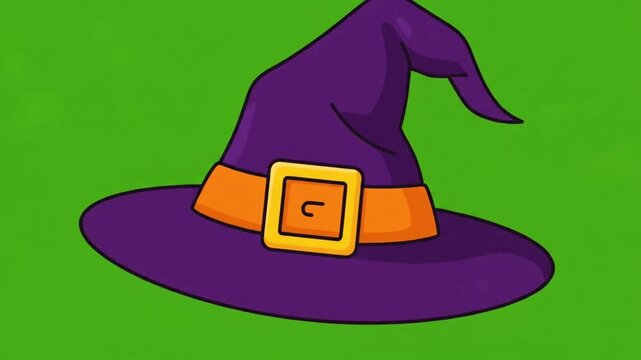 Purple Witch Hat with Orange Belt Illustration on Green Screen. 4K Video