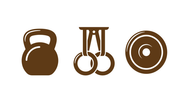 Gym equipment icons featuring kettlebell gymnastic rings and weight plate kettlebell equipment training strength exercise bodybuilding silhouette minimalist physical
