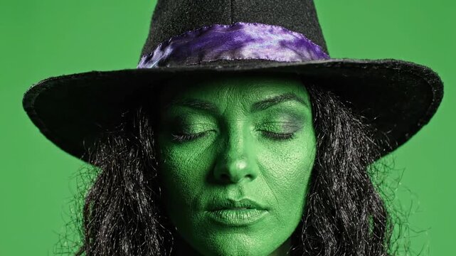 Green-Skinned Witch Woman Closing Eyes and Cast Spell on Green Screen. 4K Video