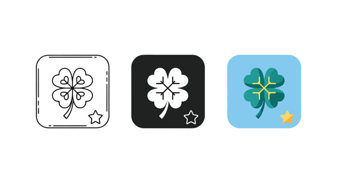 Four leaf clover in rounded square icon: Icon set - Minimalist, flat icon, outline, glyph, linear, clipart, sticker 