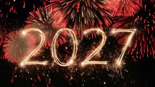 A dazzling New Year's Eve celebration unfolds with the year 2027 illuminated by sparkling fireworks. ..Created with Generative AI, not depicting real subjects.