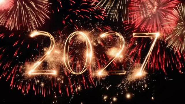 Sparkling fireworks illuminate the night sky, celebrating the arrival of the year 2027 with a dazzling display of light and color. ..Created with Generative AI, not depicting real subjects.