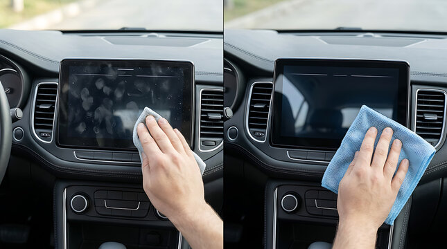 Comparison of cleaning methods on a car's dashboard touchscreen for smudge removal and clarity enhancement