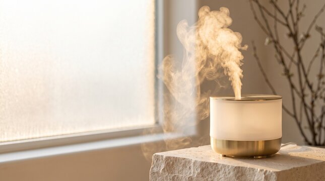 Aesthetic modern aroma diffuser releasing gentle fragrant mist on a stone pedestal by a sunny window in a cozy home interior