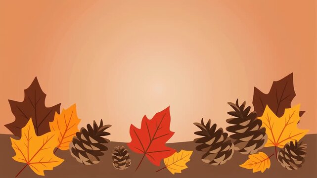 Autumn leaves and pine cones border on orange background for fall seasonal design
