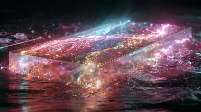 Glowing digital canvas with floating holographic controls in dark void, neon cyan and magenta light streams, glass and brushed metal. 3D render with copy space for AI tech website banners.