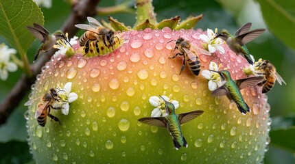 Naklejka premium Macro shot of honey bees, hummingbirds near wet apple fruit. Small insects, birds fly around colorful blossoms on fruit with water drops. Pollinators collect nectar in spring garden. Nature wildlife