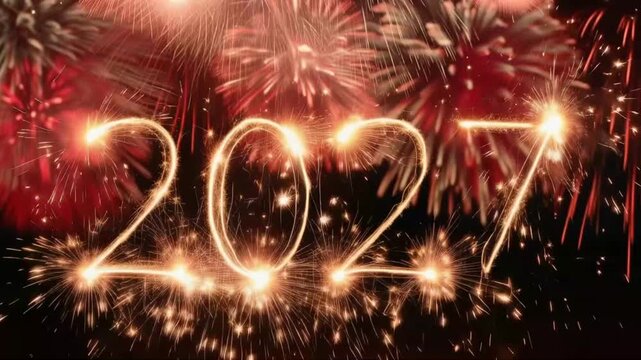 New Year's Eve celebration with fireworks and sparkling numbers 2027 lighting up the night sky. A vibrant display of hope and new beginnings. ..Created with Generative AI, not depicting real subjects.
