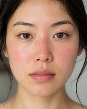 Close up portrait of young Asian woman with red flushed skin rosacea or irritation on cheeks