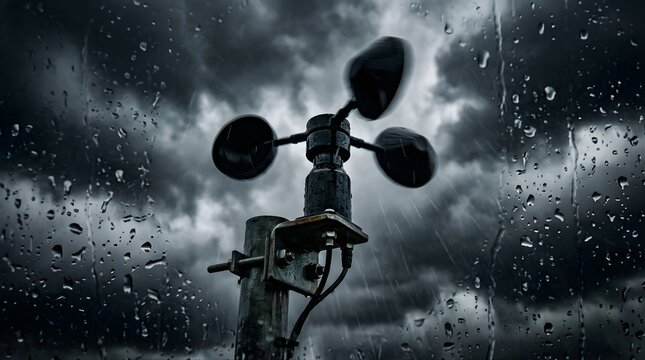 Anemometer measuring wind speed during a heavy rainstorm with dark clouds