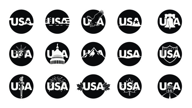Creative usa symbolic design collection with patriotic icons with displays diverse collection stylized round badges featuring USA acronym paired iconic symbols landmarks