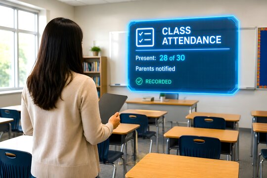 Teacher viewing class attendance dashboard in empty classroom