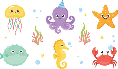 Naklejka premium Cute Sea Creatures and Ocean Animals Icon Set with Kawaii Underwater Life Characters for Kids Birthday Invitations, Nursery Decor, and Children Graphic Designs