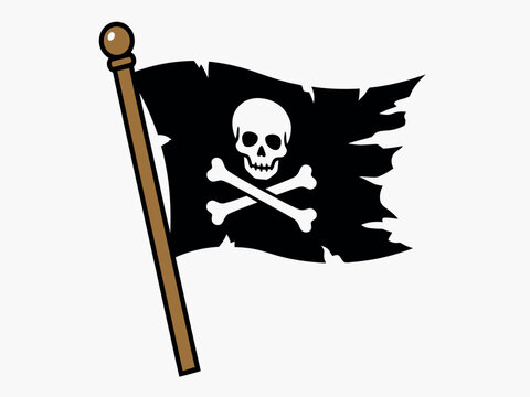 A black pirate flag with a white skull and crossbones is displayed on a wooden pole bones jollyroger mast symbol