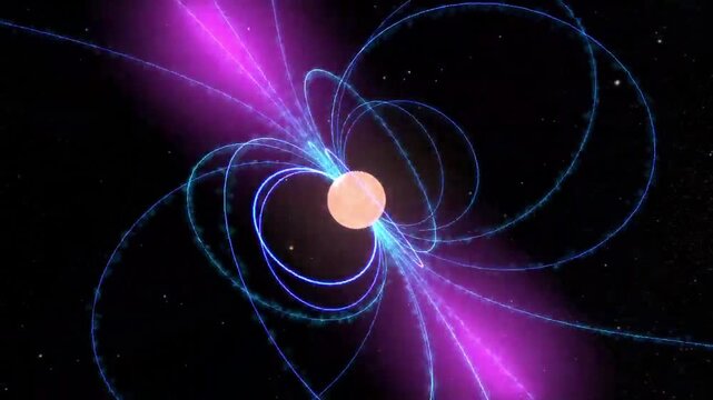 Rotating pulsar neutron star emitting light beams in deep space.