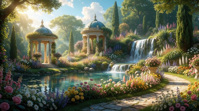 Fantasy garden paradise with classical Grecian pavilions, waterfall. Landscape features blooming flowers, stone path, calm pond. Dreamlike scenery with bright sunlight, green trees, magical