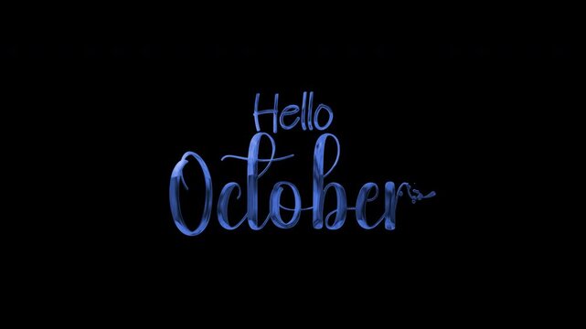 Blue script lettering hello october text typography graphic design on elegant dark background is ideal for seasonal greeting cards and social media posts.