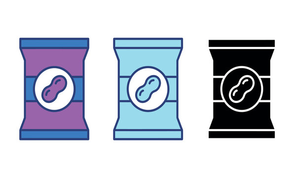 Three colorful illustrations depict sealed bags of peanuts with a circular logo on each package packages peanut snack food container