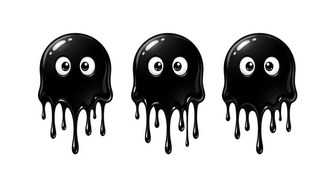 Three dripping black blob monsters with big eyes, cartoon style, isolated on white