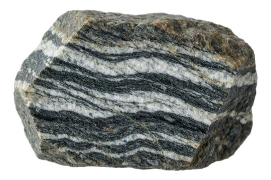 Gneiss rock sample shows distinct mineral banding with alternating dark and light layers. This metamorphic rock exhibits a rough texture and is presented isolated on a white background.