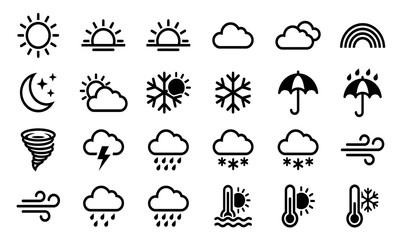 Fototapeta premium Collection of weather icons depicts sunshine clouds rain snow and temperature readings in a flat style sun cloud snowflake lightning