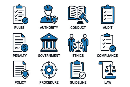 A collection of flat icons representing legal concepts governance and regulatory compliance procedures regulation legislation directives protocols standards decrees ordinances