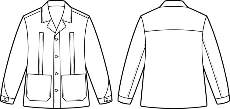 Men Guayabera Jacket Notch Lapel Vertical Pleats Patch Pockets Button Front Technical Vector Drawing Front Back View