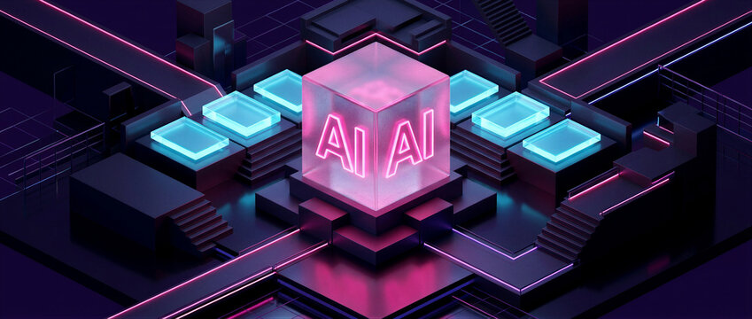 3D Artificial Intelligence (AI) Holographic Cube Render on Dark Technology Background